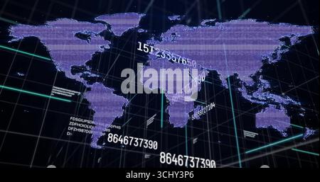Proiezione della mappa mondo pixel viola sul piano della griglia scura, streaming di linee e codici verdi della griglia Foto Stock