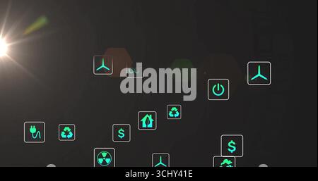 Icone di energia al neon fluttuanti che pulsano nel pannello di controllo scuro, con turbine eoliche e simboli di riciclaggio Foto Stock