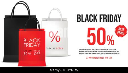 Borse per la spesa realistiche su sfondo bianco. Set di sacchetti di carta per il Black friday. Vettore isolato Illustrazione Vettoriale