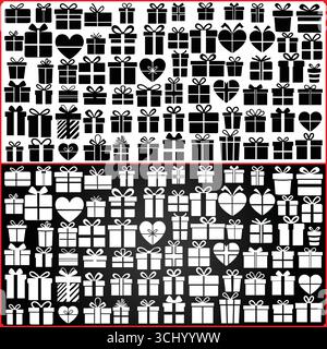 Collezione di silhouette in scatola regalo in bianco e nero disposte a griglia su sfondo rosso Illustrazione Vettoriale