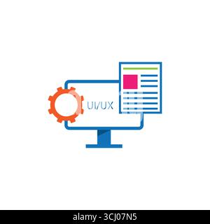 Illustrazione piatta moderna del design UI/UX con monitor del computer, impostazioni degli ingranaggi e layout della pagina Web. Ideale per la progettazione creativa, lo sviluppo Web e l'utilizzo Illustrazione Vettoriale