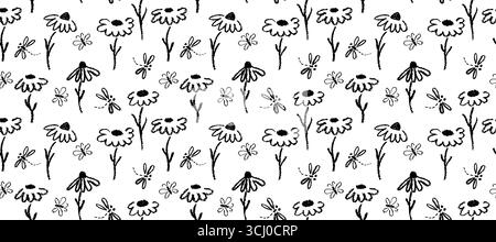 Motivo pastello di camomilla pastello senza cuciture con farfalle e libellule. Lo squiggolo di cera nera e la texture a carbone donano uno stile ruvido a pennello Illustrazione Vettoriale