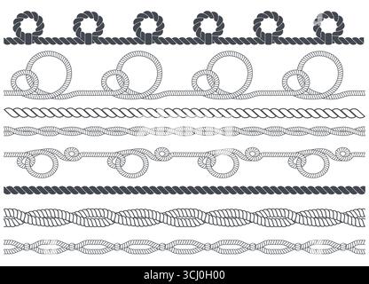 Confini corde della Marina. Corde marine curve con anse e nodi, silhouette monocromatiche nautiche, lisce e ondulate, lazo ritorto e arco a nastro Illustrazione Vettoriale