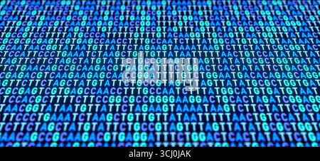 Schemi del DNA, analisi genetica, gel di sequenziamento del DNA, struttura del genoma. Modelli di DNA, gel di sequenziamento del DNA, genomica, analisi scientifiche e genetiche, dati, test del DNA. Illustrazione 3D science033s03 dna sequence Foto Stock