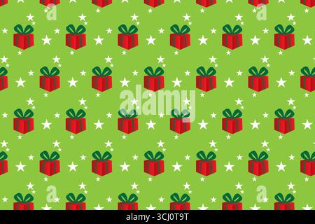 Un motivo senza cuciture con file di confezioni regalo rosse con archi verdi sparsi su uno sfondo verde brillante. Le stelle bianche di varie dimensioni sono intermedie Illustrazione Vettoriale