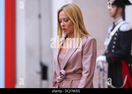 Roma, Italia. 4 settembre 2025. Roma, Italia, 4 settembre 2025: Il primo Ministro Giorgia Meloni incontra il Presidente della Repubblica di Polonia, Karol Nawrocki, a Palazzo Chigi. Credito: Agenzia fotografica indipendente/Alamy Live News Foto Stock