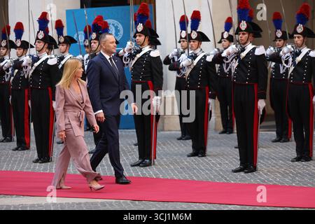 Roma, Italia. 4 settembre 2025. Roma, Italia, 4 settembre 2025: Il primo Ministro Giorgia Meloni incontra il Presidente della Repubblica di Polonia, Karol Nawrocki, a Palazzo Chigi. Credito: Agenzia fotografica indipendente/Alamy Live News Foto Stock