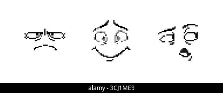 Icone di pixel art a mosaico con volti espressivi in stile nostalgico a 8 bit Illustrazione Vettoriale