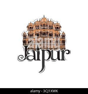 Jaipur, Rajasthan India, scritta, destinazione di viaggio, arte e illustrazione. Jaipur testo Rajasthani tradizionale Illustrazione Vettoriale