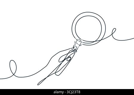 Lente d'ingrandimento monolina. Illustrazione della linea continua vettoriale. Ricerca, ricerca, analisi del concetto. Icona del doodle per l'esplorazione aziendale, Illustrazione Vettoriale