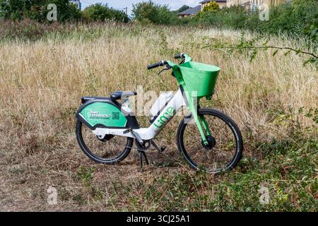 Una bicicletta Lime scaricata senza scrupoli nel prato della riserva naturale di Gillespie Park, Islington, Londra, Regno Unito Foto Stock