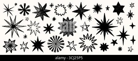 Pastello Star Set disegnato a mano con matita e gesso in diverse forme. Set di stelle disegnate a mano con texture pastello e doodle a matita con gesso. Perfetto Illustrazione Vettoriale