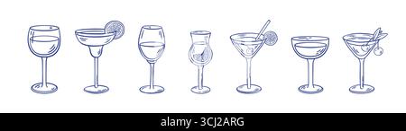 Illustrazione vettoriale del set di cocktail e calici da vino disegnati a mano. Bevande in stile bozzetto con margarita, martini, vino e mocktail, limonchello. Perfe Illustrazione Vettoriale