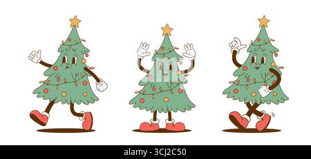 Serie di cartoni animati retrò divertenti personaggi dell'albero di Natale. Illustrazione vettoriale della mascotte Vintage Xmas. Nostalgia anni '60, '70, '80 Decorazione felice anno nuovo Illustrazione Vettoriale