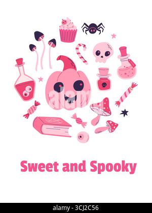 Poster della festa di Halloween, invito, background. Illustrazione vettoriale stile Pinkcore. Zucca, veleno, cranio, funghi, dolci, caramelle, ragno Illustrazione Vettoriale