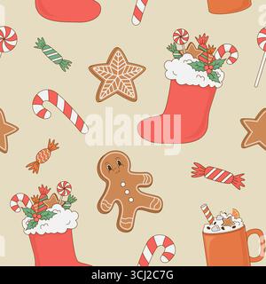 Motivo natalizio vintage senza cuciture con dolci, pan di zenzero, caffè e caramelle. Illustrazione vettoriale cartoni animati. Carta da imballaggio, biglietto di auguri, stampa, New Yea Illustrazione Vettoriale