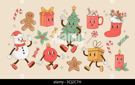 Collezione di personaggi di Natale e Capodanno in stile retrò. Albero di Natale, confezione regalo, latte, caramelle, pan di zenzero, pupazzo di neve, mascotte a fumetti Illustrazione Vettoriale