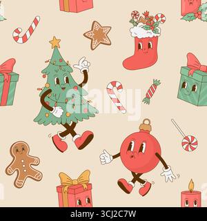 Motivo senza cuciture con i personaggi natalizi dei cartoni animati retrò. Pan di zenzero, albero di Natale, scatola regalo, candela, mascotte a palla. Illustrazione vettoriale. Carta di avvolgimento Illustrazione Vettoriale