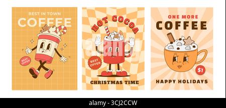 Serie di poster delle bevande calde natalizie su cartoni animati retrò. Tazza da caffè, cappuccino, latte, mascotte per bevande al cacao. Illustrazione vettoriale. Stampa, volantino, invito Illustrazione Vettoriale