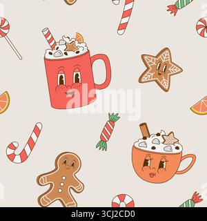Motivo senza cuciture con cartoni animati retrò di personaggi del caffè natalizio. Mascotte cappuccino. Illustrazione vettoriale. Carta da imballaggio, biglietti d'auguri, decorazioni Illustrazione Vettoriale