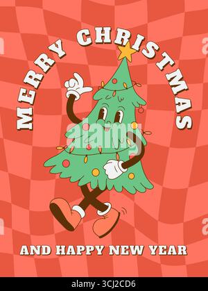 Divertente sfondo retro dei personaggi dell'albero di Natale degli anni '70. Mascotte natalizie in un'illustrazione vettoriale di stile gotico. Buon Natale e felice anno nuovo invit Illustrazione Vettoriale