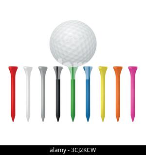 Palla da golf realistica 3d vettoriale con set a T colorato, isolato. Attrezzatura da golf professionale, illustrazione del vettore realistica per accessori da golf Illustrazione Vettoriale