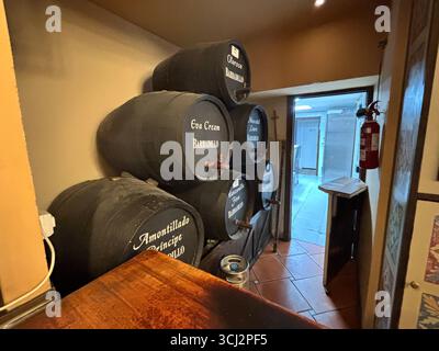 Intimo interno del tradizionale tapas bar spagnolo a Cadice, con banchi in legno, prosciutti appesi, piastrelle colorate, clienti che gustano piccoli piatti e vino. Foto Stock