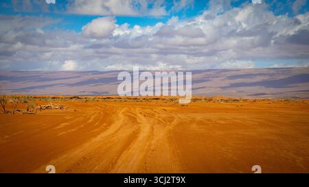 Paesaggio desertico marocchino con piste di sabbia rossa che conducono a dune lontane sotto un cielo parzialmente nuvoloso, creando un ampio scenario arido aperto in Africa Foto Stock