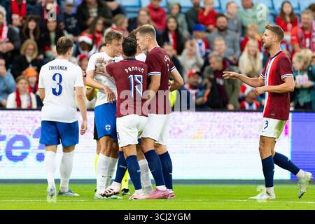 Oslo, Norvegia. 4 settembre 2025. I giocatori di Finlandia e Norvegia combattono durante l'amichevole internazionale tra Norvegia e Finlandia allo stadio Ullevaal di Oslo, Norvegia. Credito: SPP Sport Press Photo. /Alamy Live News Foto Stock