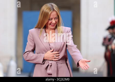 Roma, Italia. 4 settembre 2025. Il primo Ministro Giorgia Meloni ha visto durante l'incontro a Palazzo Chigi. Credito: SOPA Images Limited/Alamy Live News Foto Stock