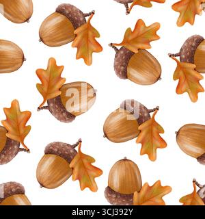 Motivo senza cuciture di foglie di quercia autunnale e ghiande in delicato stile acquerello. Ideale per tessuti, imballaggi, carta da imballaggio, carta da parati Foto Stock