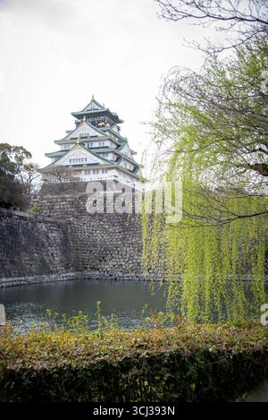 Composizione verticale del castello di Osaka con Willow Tree e Moat. Il castello di Osaka sorge sopra mura di pietra e fossato, incorniciato da rami di salice. Foto Stock
