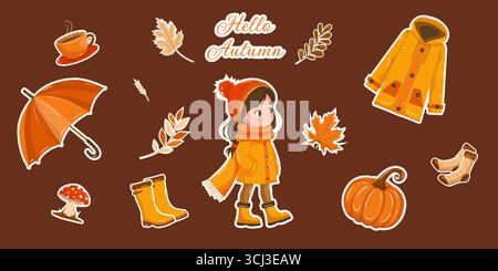 Set di articoli autunnali. Illustrazione vettoriale di foglie cadute, zucca, ombrello, impermeabile giallo, tazza calda di caffè, ragazza, stivali di gomma e funghi. Un'atmosfera di comfort e natura. Stagione autunnale Illustrazione Vettoriale