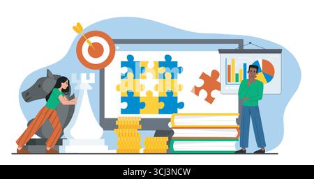 Persone con un piano d'affari. Uomo e donna con pezzi di scacchi vicino al computer con enigmi. Collaborazione e cooperazione. Visione aziendale. Motivazione e. Illustrazione Vettoriale