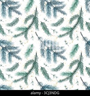 Un motivo elegante che mostra lussureggianti rami di pino verde, perfetto per i temi invernali e per le decorazioni stagionali. Motivo senza cuciture ad acquerello disegnato a mano su sfondo bianco per la stampa su tessuto e carta. Foto Stock