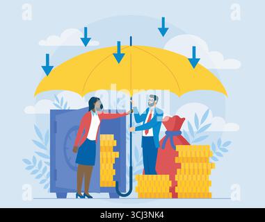 Concetto di protezione finanziaria. Donna e uomo con ombrello vicino alla cassaforte con monete d'oro. Economia e investimenti. Copertura dei depositi. Contabilità e. Illustrazione Vettoriale