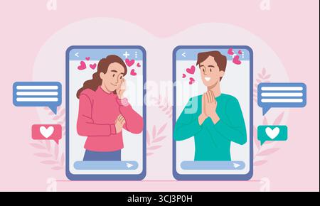 Concetto di applicazione per incontri. Uomo e donna comunicano tramite lo schermo dello smartphone. Amore e romanticismo. Incontri e relazioni romantiche. Connessione in Illustrazione Vettoriale