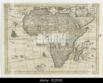 Africae nova Tabula (nuova mappa dell'Africa), incisa da Jodocus Hondius tra il 1573 e il 1612. Questa prima mappa moderna presenta il continente africano con coste dettagliate, fiumi e insediamenti, accompagnati da elementi decorativi come mostri marini e navi a vela. Riflette la conoscenza geografica europea dell'Africa tra la fine del XVI e l'inizio del XVII secolo, con regioni etichettate in latino e mari confinanti illustrate con immagini marittime. Foto Stock