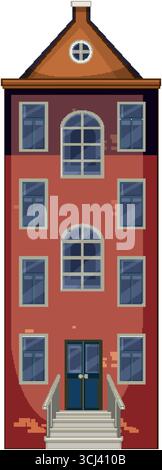 Illustrazione vettoriale piatta di una classica casa cittadina olandese, esterno in mattoni, finestre simmetriche, gradini anteriori Illustrazione Vettoriale