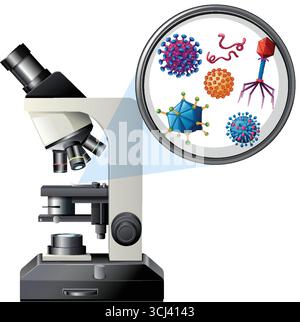 Illustrazione vettoriale realistica di un microscopio da laboratorio che ingrandisce virus e microrganismi in un ambiente scientifico. Illustrazione Vettoriale