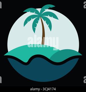 Un'illustrazione circolare e minimalista di un'isola tropicale con una palma solitaria su una piccola collina, circondata dall'oceano sotto un cielo pallido. Illustrazione Vettoriale