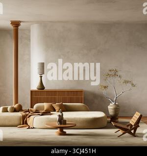 Le tonalità calde e i mobili minimalisti definiscono questo salotto interno scandinavo, combinando texture naturali con eleganza senza tempo. Illustrazione 3D. Foto Stock