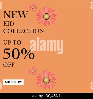 Sconti fino al 50% sulla nuova collezione Eid. Poster sconto Big Eid e banner con sfondo floreale colorato, vettoriale modificabile per le promozioni. Illustrazione Vettoriale