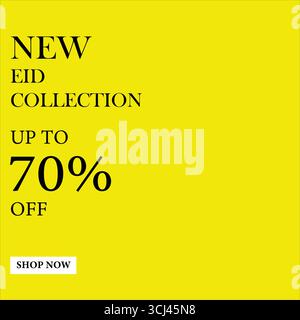Nuova Eid Collection fino al 70% di sconto. Grande poster e banner per le vendite natalizie con sfondo giallo. Speciale sconto Eid per tutti. Illustrazione Vettoriale