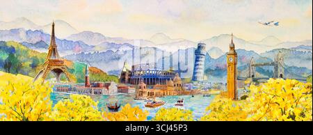 Tour autunnale dei famosi luoghi di interesse nel mondo dell'Europa, dell'Italia, di Londra, della Francia. Intorno ai mondi dipinti ad acquerello su Foto Stock