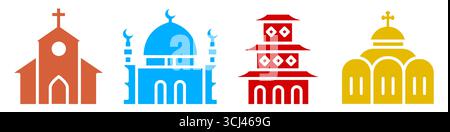 Ortodossia, cattolicesimo, Islam, buddismo. Icone multicolore. Illustrazione vettoriale piatta isolata su bianco Illustrazione Vettoriale
