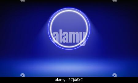 Futuristico sfondo blu del palcoscenico. Sala illuminata da un moderno faro a alone bianco LED al neon circolare. Sfondo che visualizza prodotti, presentazione Illustrazione Vettoriale