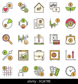Set di icone colorate Bitcoin Investment and Trading. Segnali del concetto di criptovaluta digitale BTC Illustrazione Vettoriale