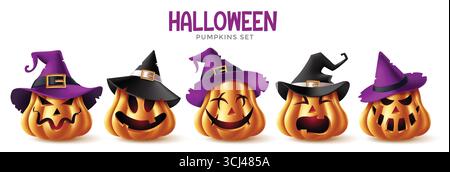 Spaventose zucche di Halloween Set Clipart con cappelli da strega e divertenti volti intagliati per l'illustrazione vettoriale di Halloween. Illustrazione Vettoriale