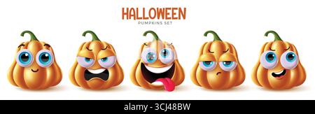 Funny Halloween Pumpkins Clipart Set con Big Cartoon Eyes ed espressioni stupide per il divertimento delle feste Illustrazione Vettoriale